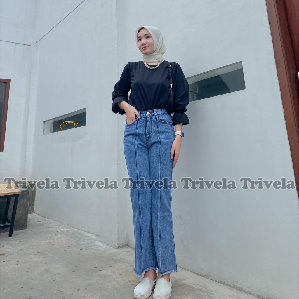 Elina Cutbray Jeans Snow / Jeans Cutbray Highwaist / Celana Jeans Wanita Cutbray 27-34