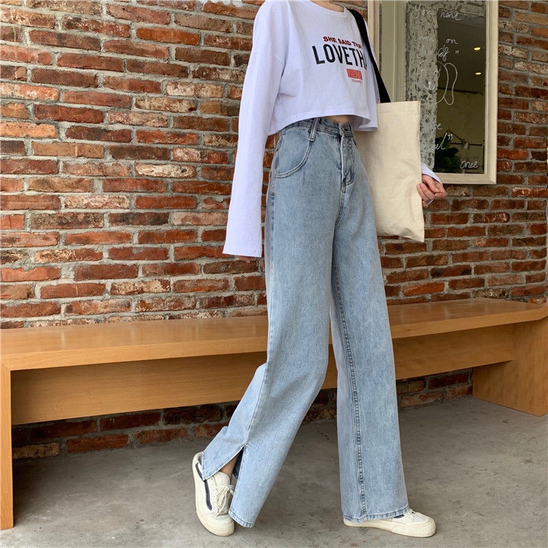 Versi Korea ins retro longgar lurus slit pinggang tinggi tren celana denim kaki lebar  ----Highwaist Loose Slit Jeans