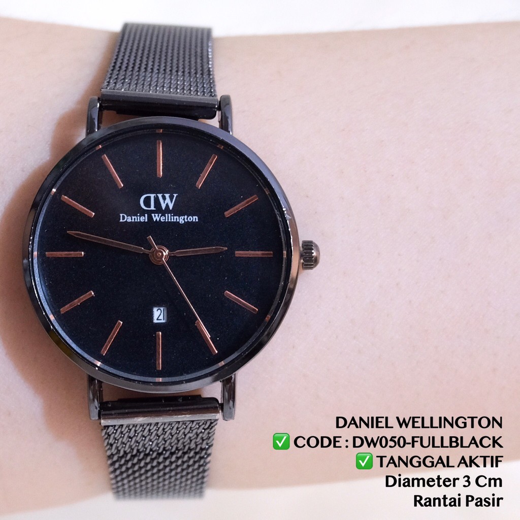 Jam tangan murah pria /  wanita / COUPLE classic rantai pasir DUA JARUM TANGGAL AKTIF DC030-FULLBLACK TGL 3CM