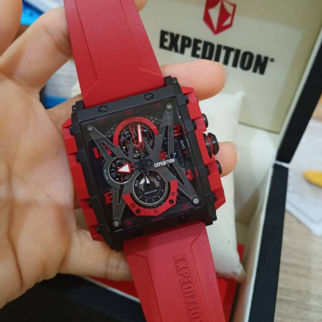 Jam tangan expedition E 6757 pria original merah ring hitam tali rubber