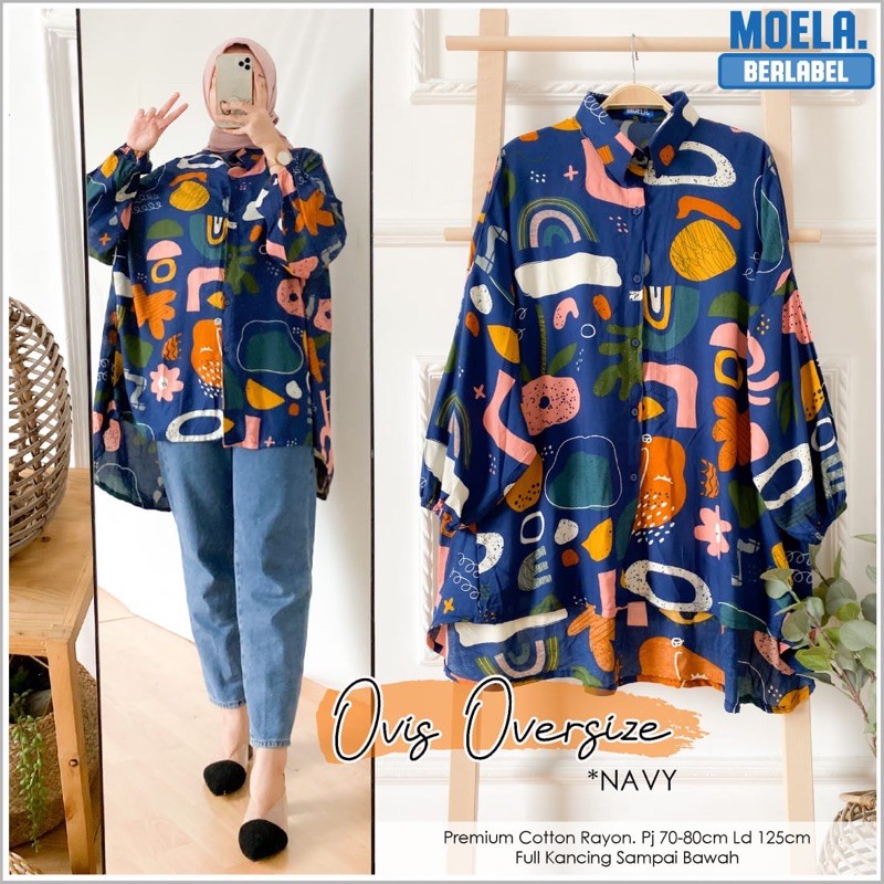 realpict OVIS navy ori MOELA oversize ld 125 berlabel atasan wanita premium rayon motif berkerah