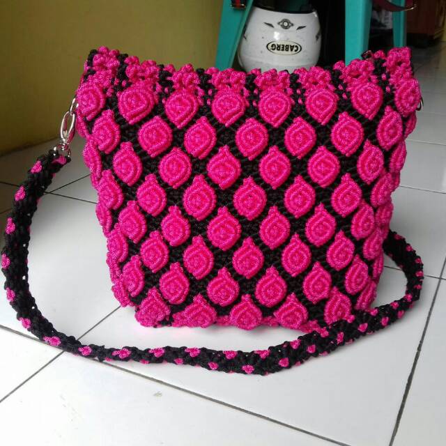 Tas tali kur motif mawar + furing