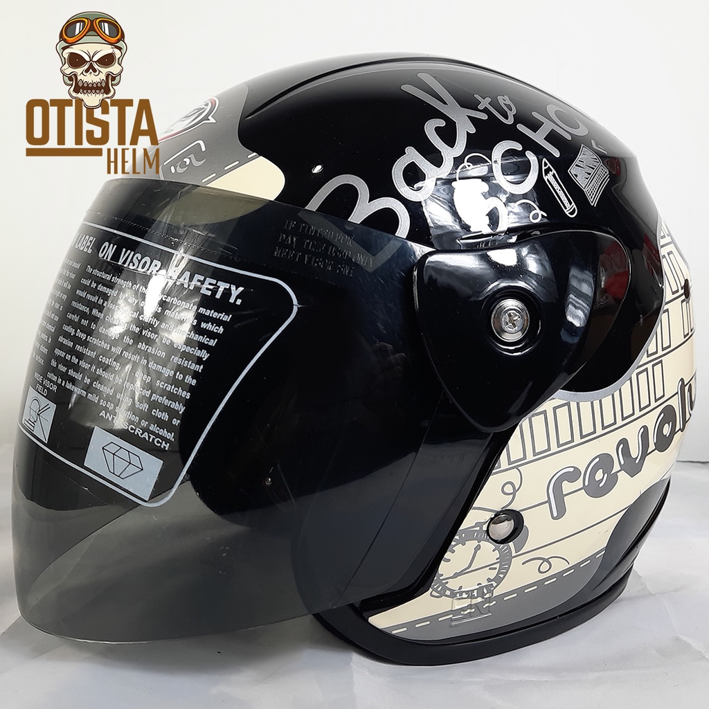 Gm Evo Bnh Revolution Note Black Cream Glossy Metalic Helm Half Face SNI - L