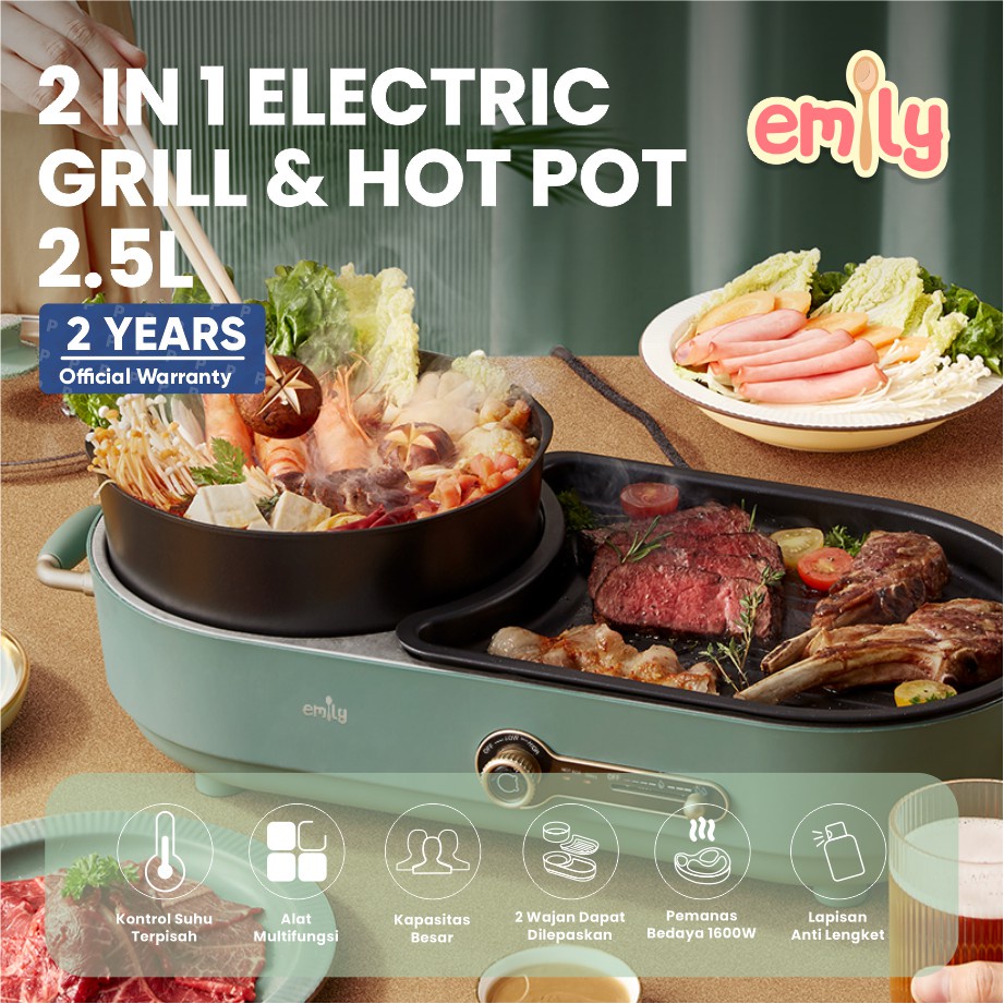 Castle - Emily EHP-11504 2 in 1 Electric Grill and Hot Pot 2.5L / Pemanggang Perebus Makanan - Hotpot &amp; Grill Emily - Panci Elektrik - Panci Listrik