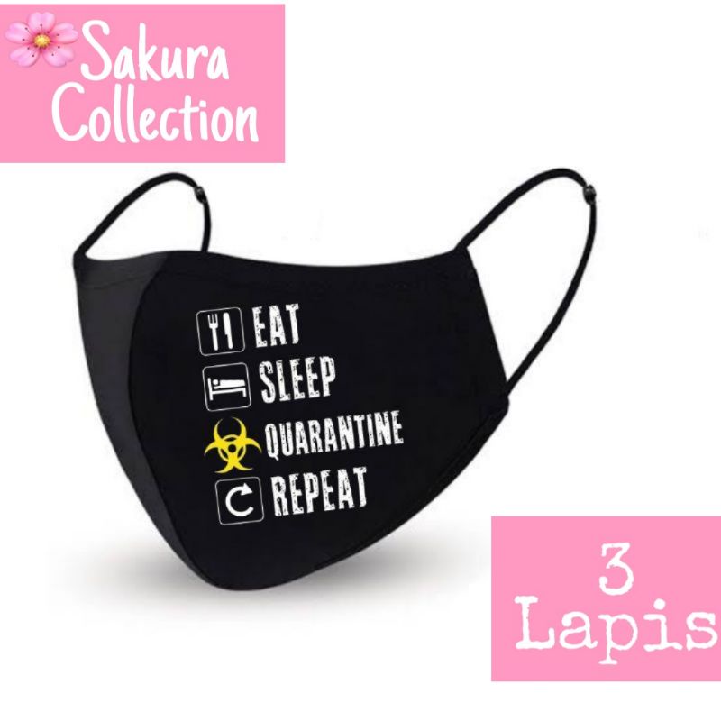 Masker kain 3 lapis earloop - QUARANTINE / masker scuba anak dewasa / masker hitam 3 ply