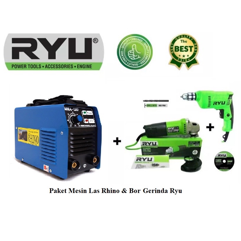 Paket Mesin Las Rhino Biru 450 Watt 120 A + Ryu Bor 10 Mm + Gerinda 4 Inch Ryu