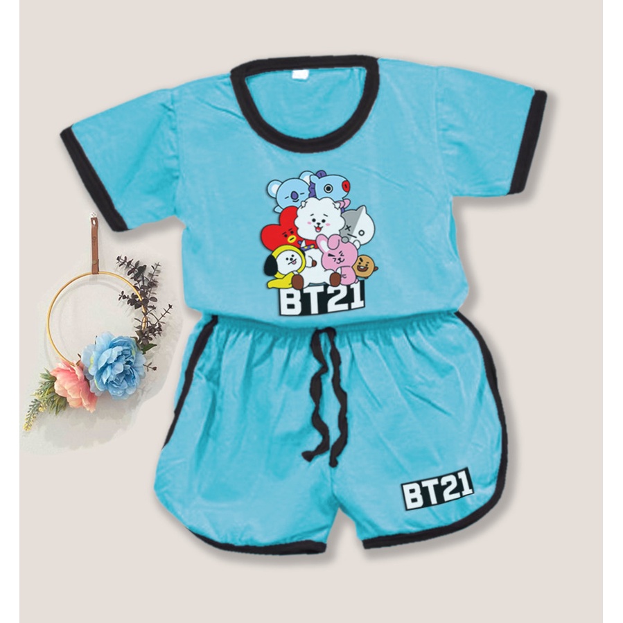 SF - Setelan Playset Cupa Cup Baju Anak Karakter / Set Anak Balita Karakter / Setelan Anak Unisex-SET BT21 - BIRU