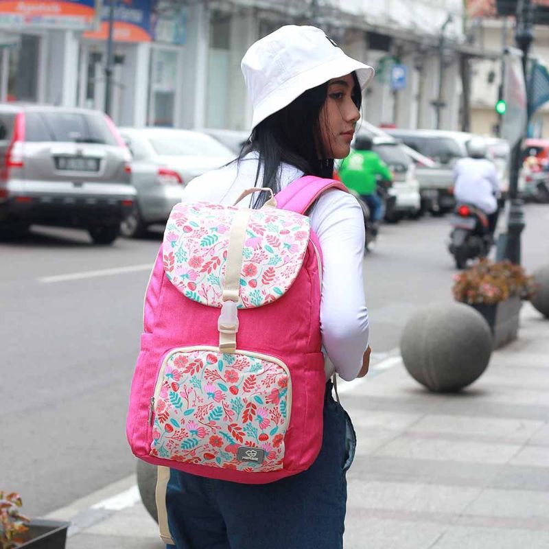 Herbie - Tas Backpack Wanita Terbaru Pink Motif Bunga | Tas Ransel Punggung Cantik Kekinian | Tas Sekolah Kuliah Kerja Cewek Premium Material