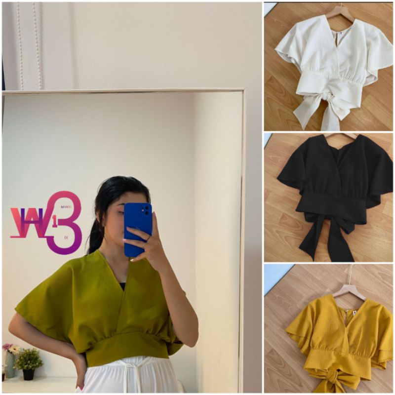 WH13 Femei Outer Blouse Slit BackSelf Tie Wrap Crop Top Atasan Wanita Korean