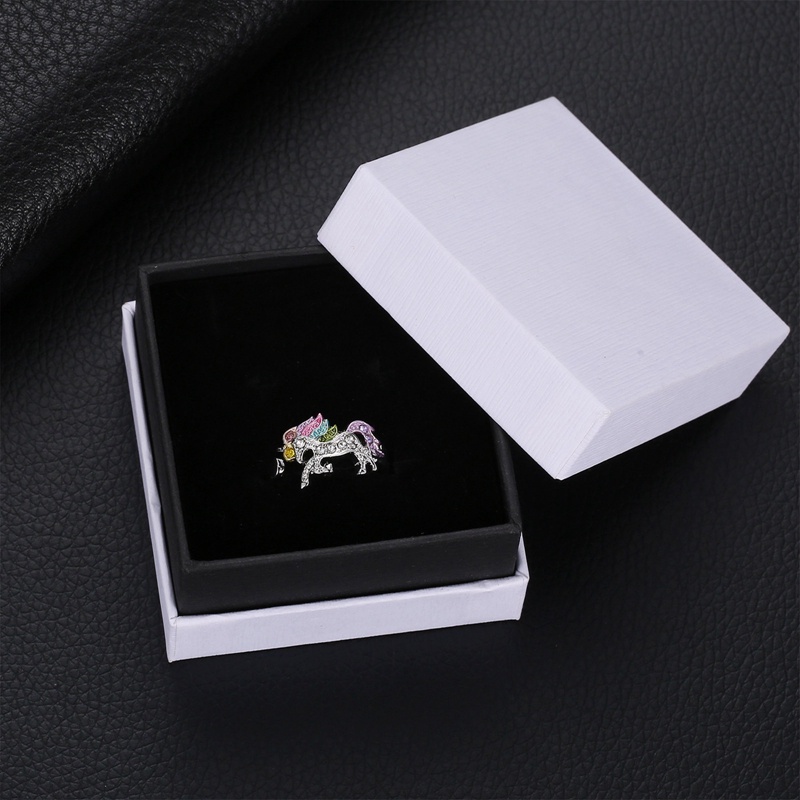 Cincin Model Terbuka Adjustable Desain Kartun Unicorn Aksen Berlian Warna Pelangi