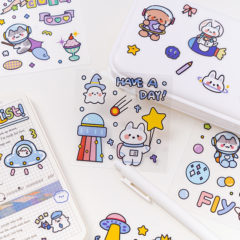 Stiker PVC Aesthetic 1 Lembar | Sticker Astronot Cute Planet | DIY Bahan PVC Untuk Deco Scrapbook Diary Tumbler Botol Viral Lucu Gemoy