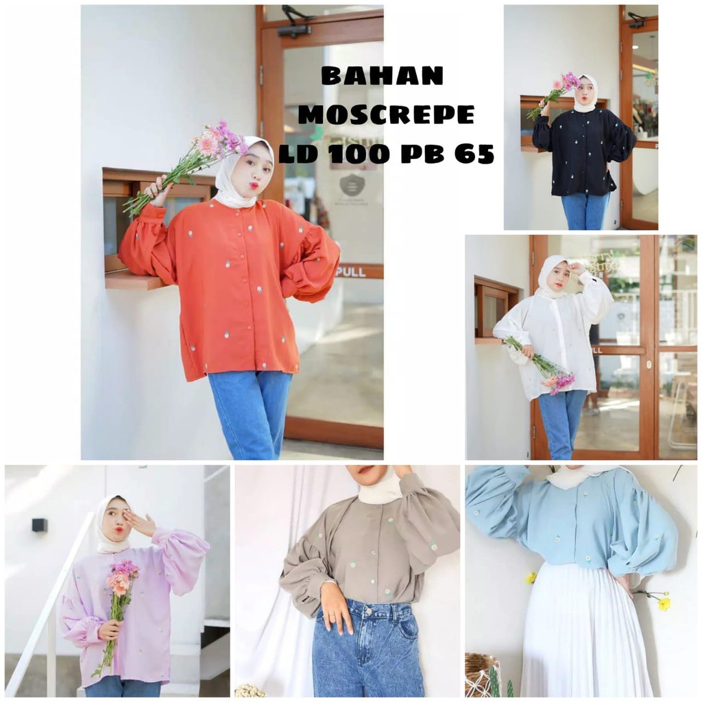 Ezpata Atasan Puffy Blouse Kemeja Lengan Balon Bordir Bunga Floral  XL LD 100cm Bahan Moscrepe Lengan Puff Kekinian