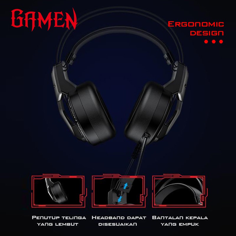 GAMEN GH1500 3.5mm Audio Jack Input RGB LED Light Braided Wire Gaming Headset Black-Garansi