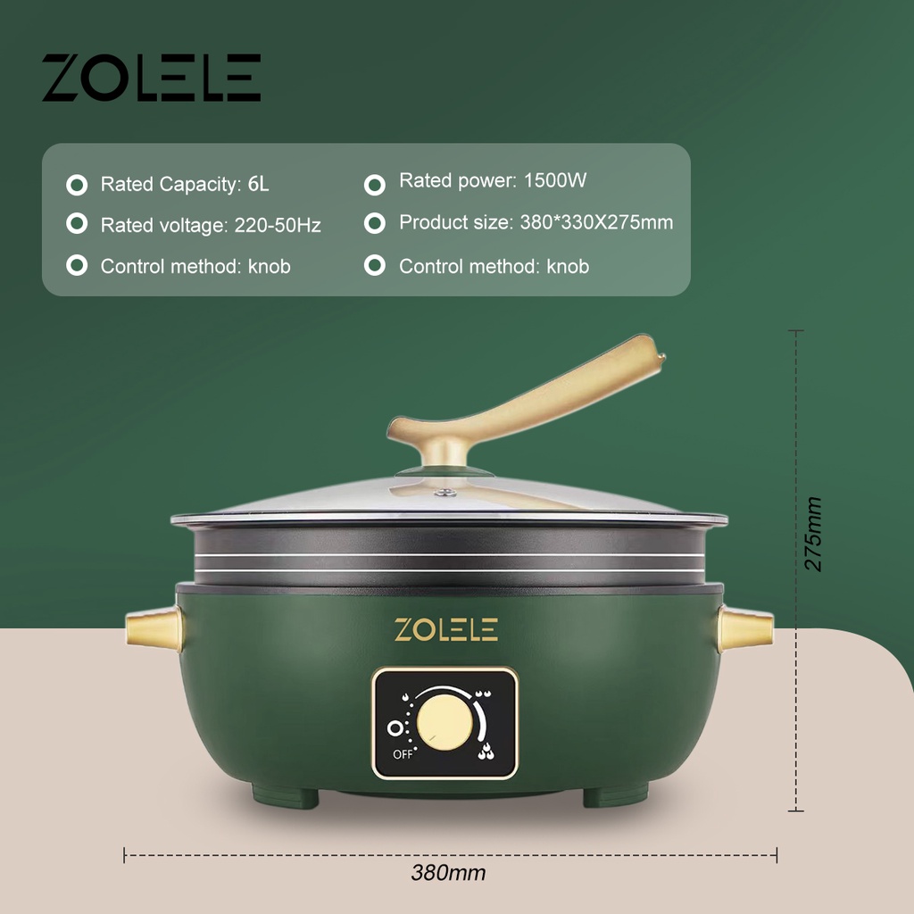 ZOLELE Panci Listrik Serbaguna Besar 6L Elektrik Cooker 3-Layer Portable Penanak Nasi Food Processor Pot Deep Fryer Steamer Non-stick Peralatan Dapur Panci Kukus Panci Rebus Mengukus Menggoreng Merebus Home Kitchen ZC300