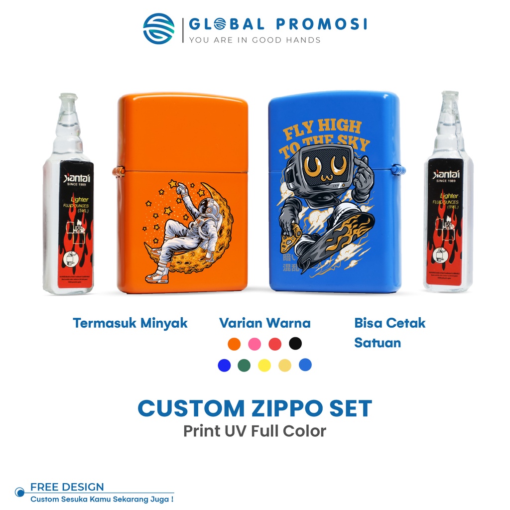 Zippo Warna Set Custom Print/Cetak UV Full Warna Gradasi Promosi/Souvenir Termasuk Minyak dan Box