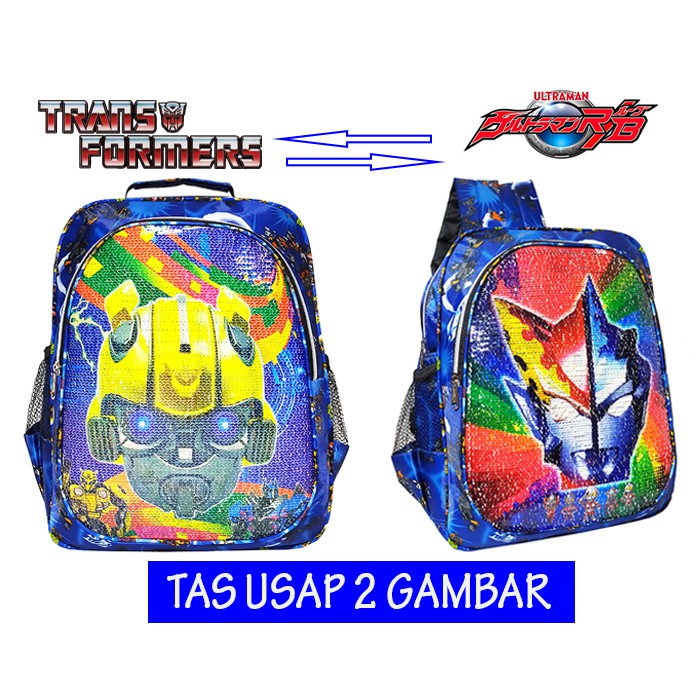 Tas ransel usap 2 gambar karakter spiderman Ultraman Ironman Tobot captain America Transformers