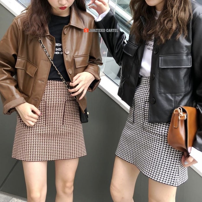 JNK x TRENCH - Jaket Kulit Oversized Wanita OOTD Faux Synthetic Leather Jacket Jumbo Oversize Besar Tebal Original Premium Import Cewek Perempuan Anak Muda Gadis Remaja Dewasa HIts Casual Trendy Elegan Kekinian 2021 Selebgram Hitam Coklat Kerja Kantor Ori