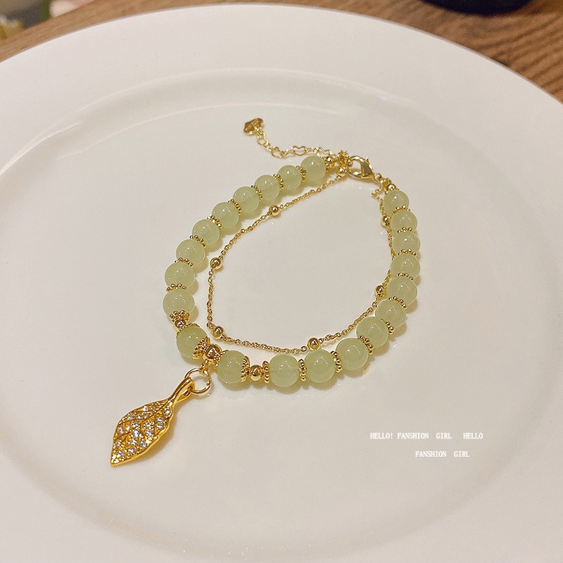 Gelang Tangan Manik-Manik Batu Jade Hijau Dua Lapis Untuk Wanita