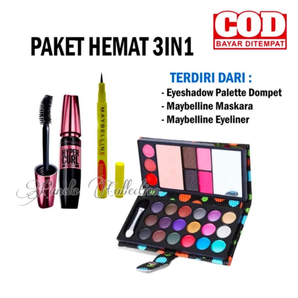 3in1 Paket Kecantikan Wanita/Eyeshadow Wanita+Eyeliner Maybelline+Maskara HyperCurl Waterproof