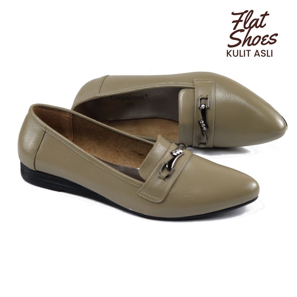 Sepatu Wanita Flat Pantofel Kerja Bahan Kulit Asli CPC 1305 Cream