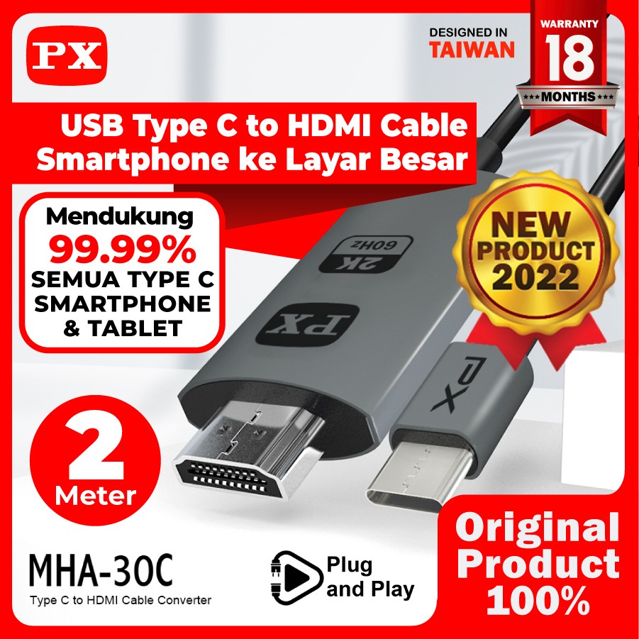 Kabel HDMI / HDTV from Type C Smartphone Android To TV 2 Meter PX MHA-30C