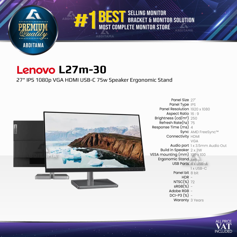 Jual Monitor LED Lenovo L27m30 27" IPS 1080p VGA HDMI USBC 75w