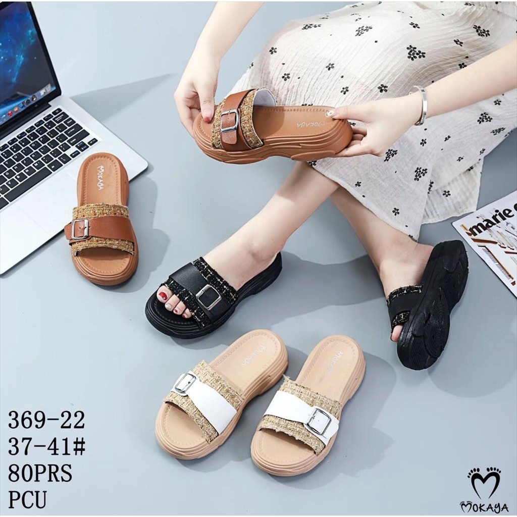 Sandal Wedges Slop Jelly Karet Korea Wanita Ban Gesper Knit Sol Tebal Keren Cantik Elegant Casual Import Mokaya / Size 37-41 (369-22)