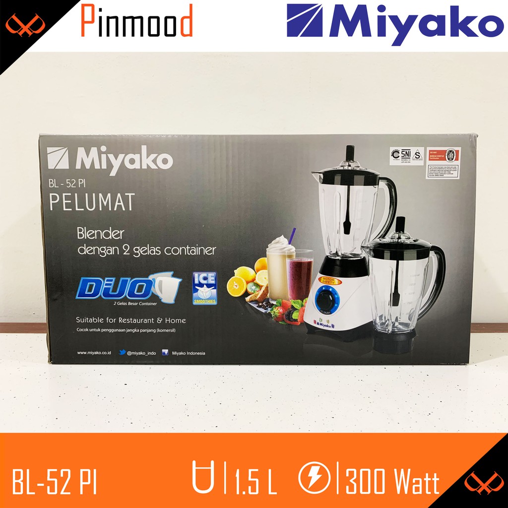 MIYAKO BLENDER BL-52 PI [ 1,5 LITER ] 2 GELAS BESAR CONTAINER PELUMAT 2 IN 1 ICE CRUSHER SMOOTHIES