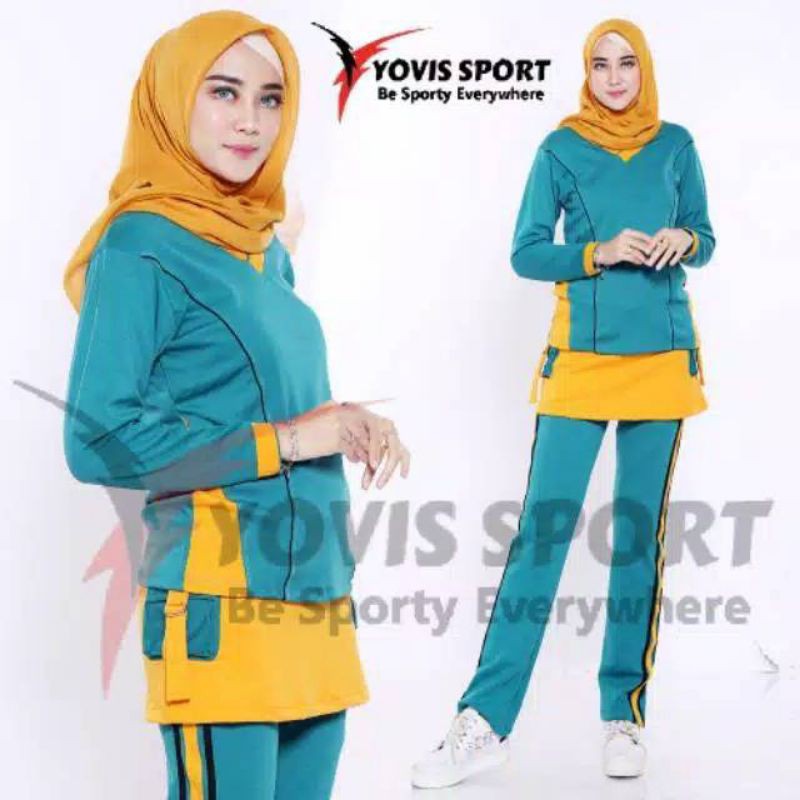 SETELAN BINTANG SENAM WANITA YOVIS SPORT/baju merah putih/pakaian olahraga muslimah.