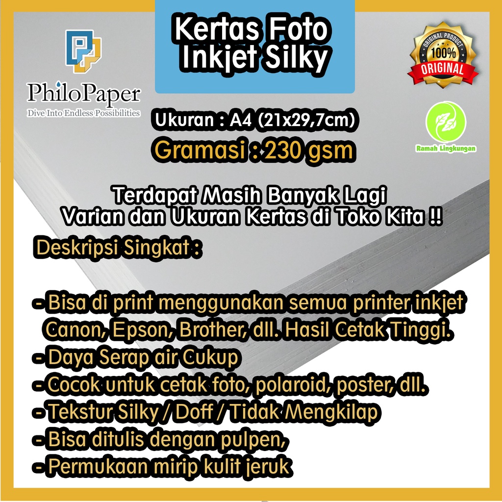 

Kertas Foto Doff / Silki Inkjet 230 Gsm A4