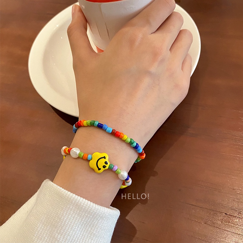 Gelang Tangan Manik-Manik Elastis Warna-Warni Motif Bintang / Awan / Smiley Face Untuk Wanita