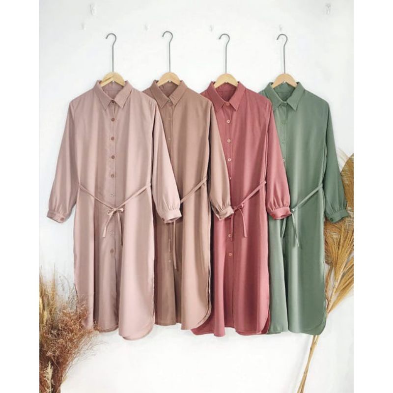 LONG TUNIK POLOS Tali Full Kancing Depan Atasan Muslim Premium Terbaru