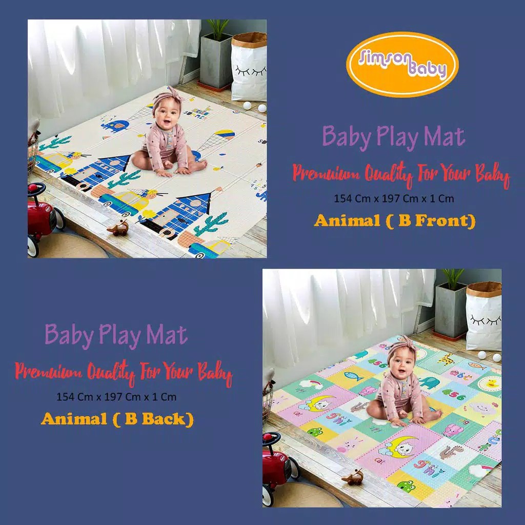 TERLARIS PREMIUM Simson Baby Playmat Premium Anak Bayi Lipat 154 x 197 x 1 Cm MOTIF BOLAK BALIK-ANIMAL