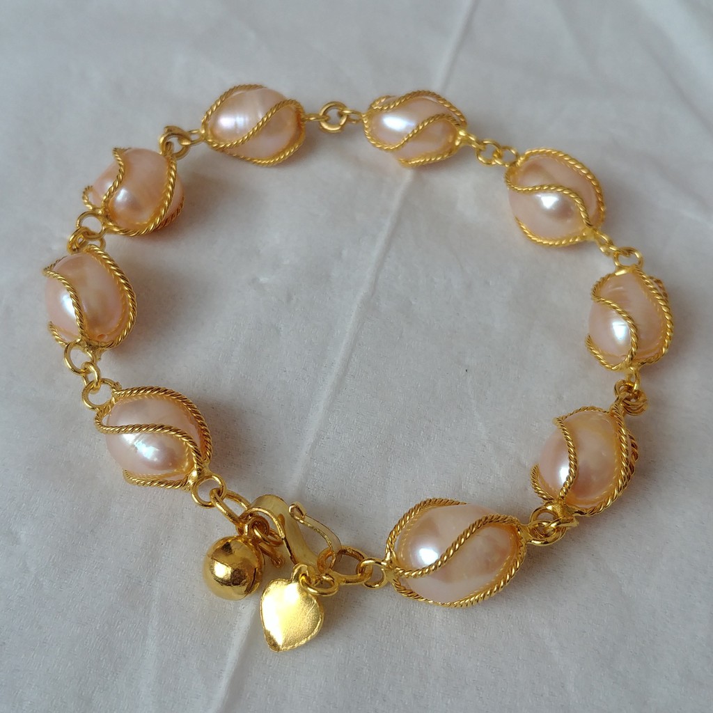 Gelang Mutiara Air Tawar Peach Ikat Lapis Emas 24k