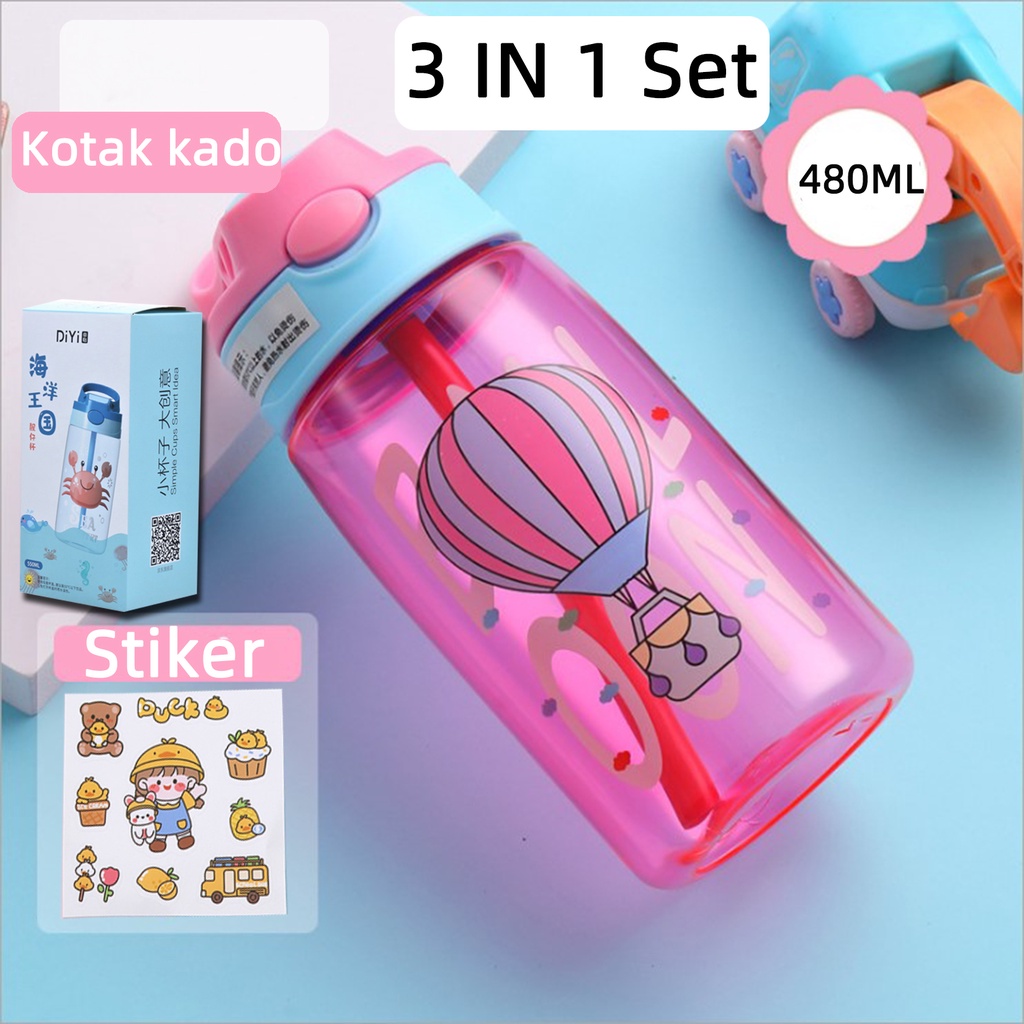 Botol Minum Anak Desain Unik Variasi Motif Karakter terdapat Sedotan BPA FREE bottol minum sedotan cangkir jerami cangkir plastik lucu cangkir kartun portabel 480ML 1000ML-balon terbang 3 IN 1