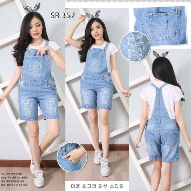 Baju Wanita Jumpsuit Celana Kodok Pendek  Bahan Jeans 