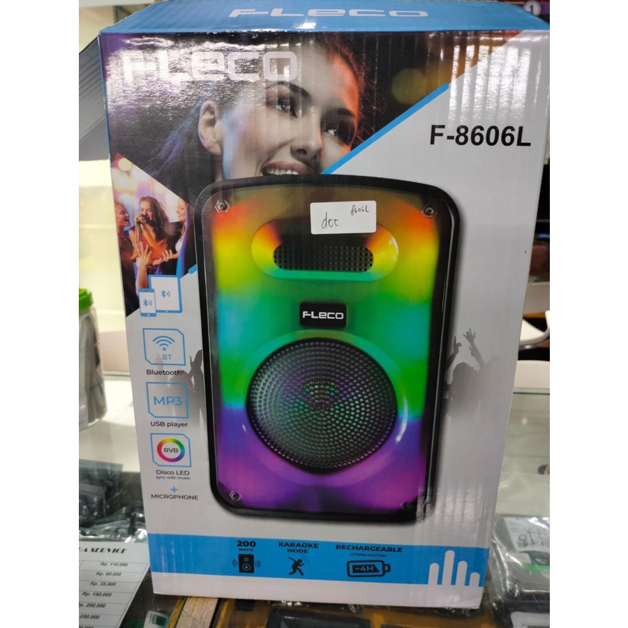 COD SPEAKER BLUETOOTH KARAOKE FLECO 8'5 INCH F-8606L LED PLUS MIC KARAOKE X-BASS / SPEAKER KARAOKE X-BASS FLECO F-8606L UK 8'5 INCH