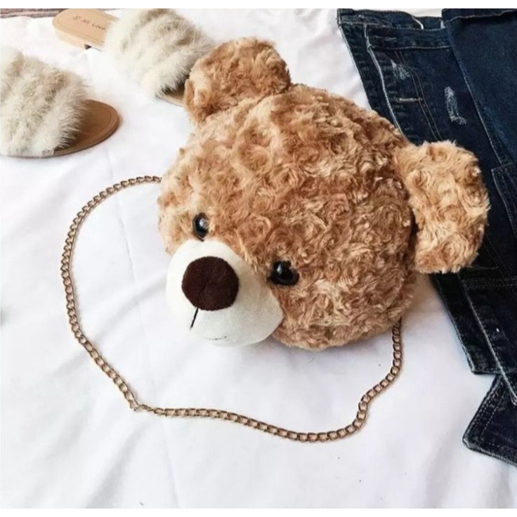 BPT Tas Selempang &amp; Bahu Wanita Tas bulu selempang bahu boneka kepala beruang Sling Bag Bulu TEDDY BEAR