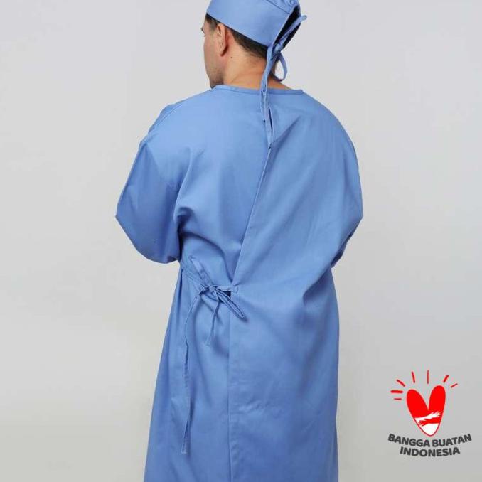 Baju medis APD Gown APD Long Gown Bahan Drill - Surgical Gown - Biru Muda