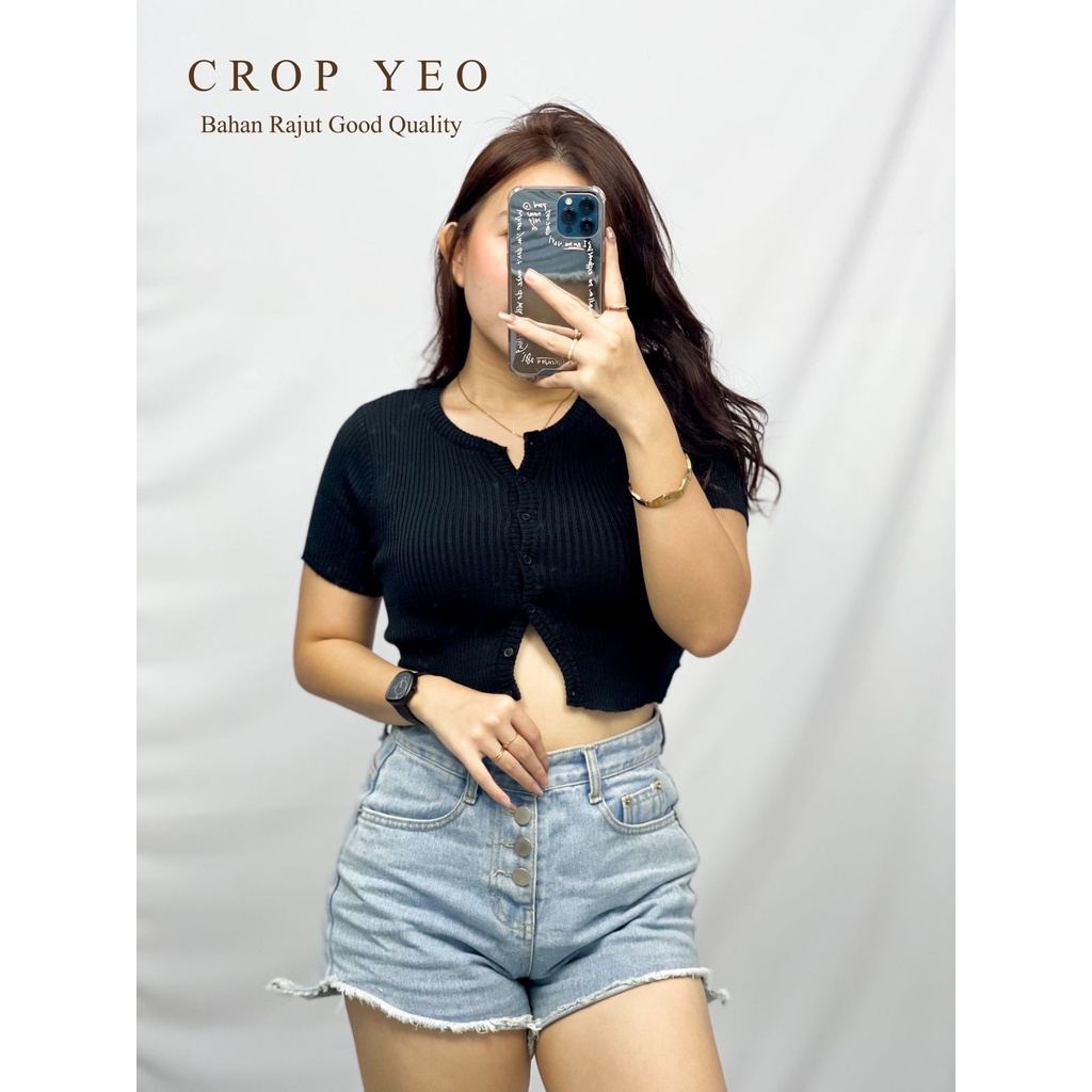 HOPYLOVY Atasan Wanita Blouse Lengan Pendek Bahan Rajut Crop Yeo