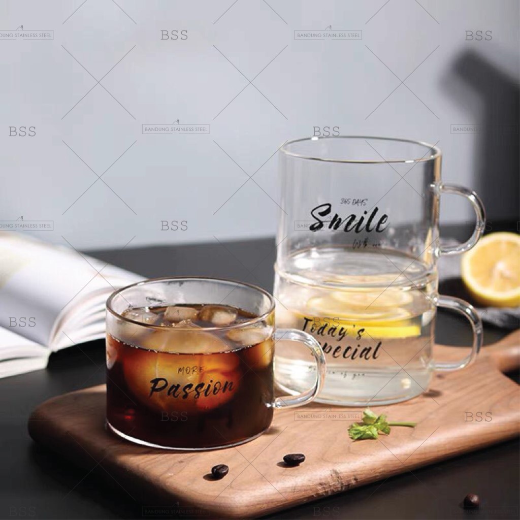 Gelas 450ml Cangkir Kaca Glass Borosilicate Sereal Cereal Cup Nordic Motif Lettering Cantik Unik