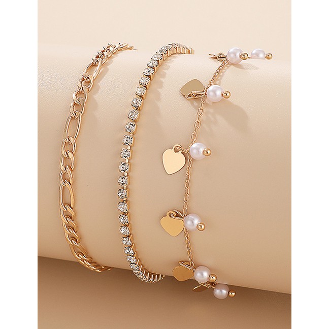 LRC Gelang Tangan Fashion Golden Water Wave Chain Sequined Pearl Love Bracelet Set P06572