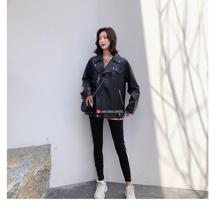 JNK x VANESA - Jaket Kulit Wanita Oversize Casual Branded Bahan Semi Kulit Sintetis Viena Faux Synthetic Leather Premium Original Jacket Oversized Women Ladies Longgar Zipper Resleting Lengan Panjang Cewek Perempuan Outwear Atasan Kulit Oscar Imitasi 2021