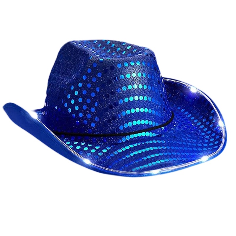 Topi Cowboy Hias Sequin Dengan Lampu LED Gaya Vintage