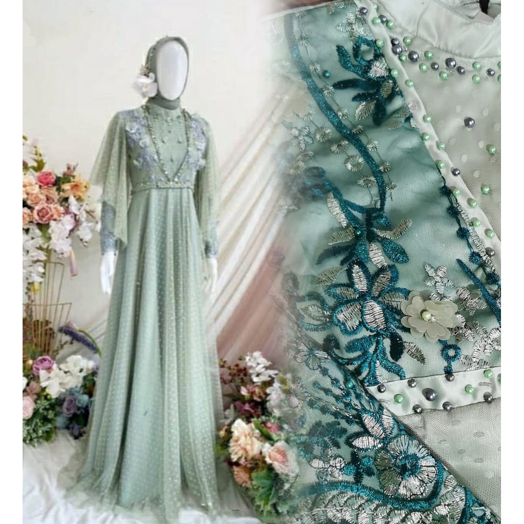 DEWI SEKARTAJI GAUN pesta pengantin syar'i mewah tulle bordir dan tulle dot / baju kondangan / prewedding / lamaran / wisuda / wedding bisa dipesan couple / tersedia ukuran kecil hingga jumbo