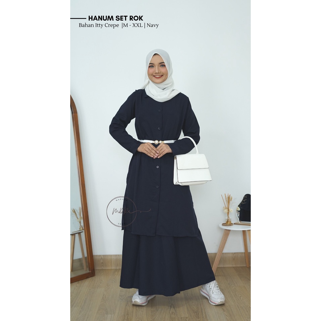 One Set + Rok Tunik HANUM Busui Wanita Muslim Jumbo Bahan Itty Creepe Terbaru Size M L XL XXL / Setelan Wanita Remaja Full Kancing Depan Aktif Polos Beraneka Warna