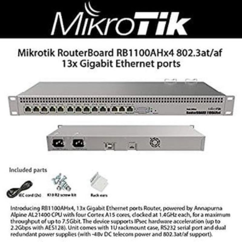 Mikrotik RB1100AHX4 X4 Powerful 1U rackmount router with 13x Gigabit LAN