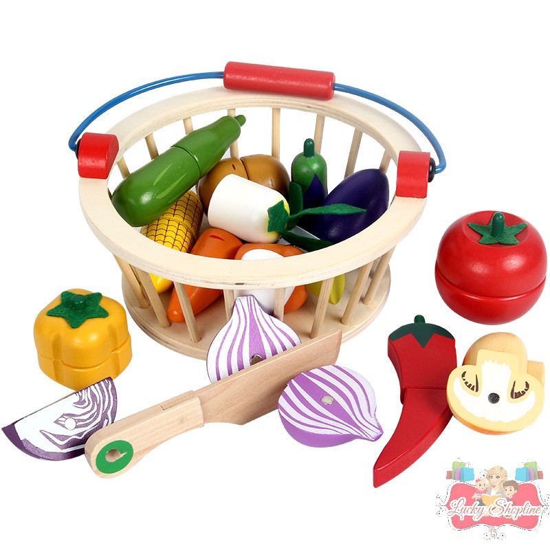 [BIG SALE] WOODEN FRUIT AND VEGGIES BASKET (12PC) PRETEND PLAY - mainan buah sayur potong