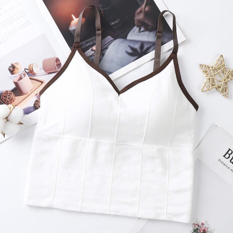 Blackpink Tank Top Crop Top  Sport Tali elastis Gaya Retro Leher V Pakain Dalam Wanita 1133-WHITE BROWN