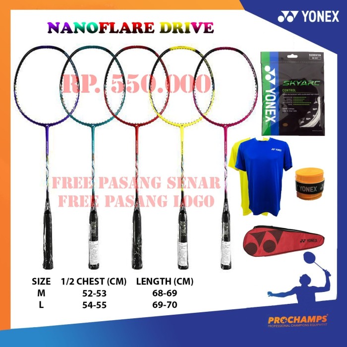 PROMO PAKET KOMPLIT YONEX NANOFLARE DRIVE RAKET BADMINTON ORIGINAL - PINK BLACK